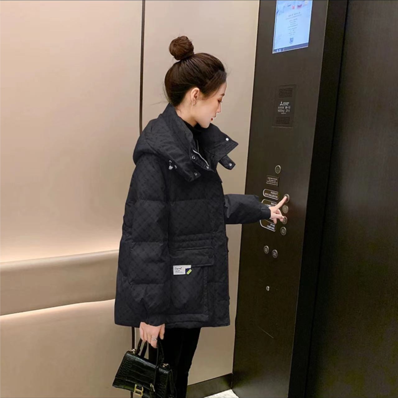 【冬日来信】~高级感印花羽绒服中长款新款收腰气质白鸭绒外套160