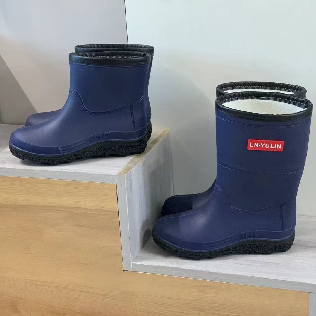 蓝色棉雨靴水靴中筒短筒加绒超轻厚底防滑雨鞋时尚防水鞋保暖棉靴