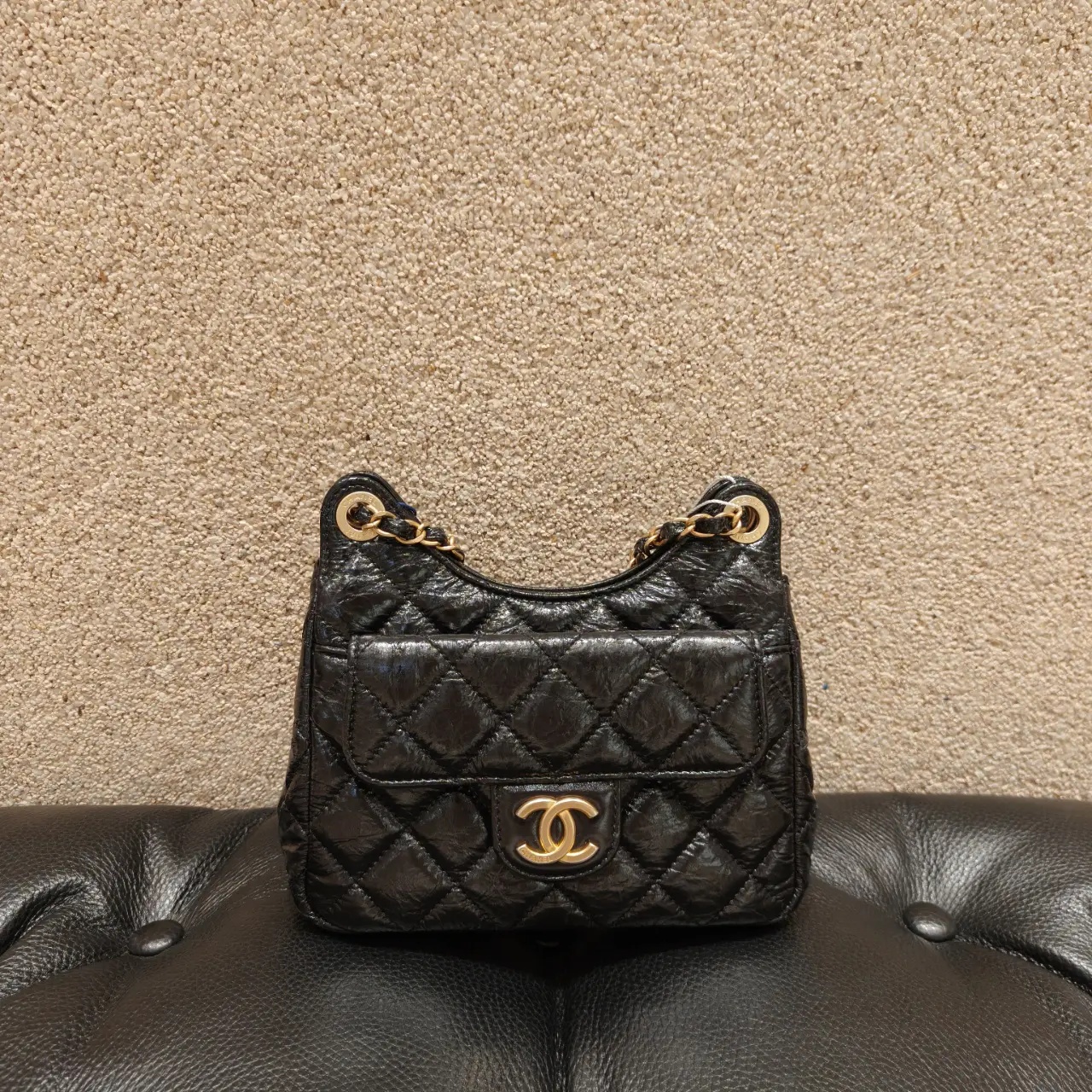 99新 Chanel/香奈儿 黑金小号 天猫精灵 hobo 单肩斜挎包