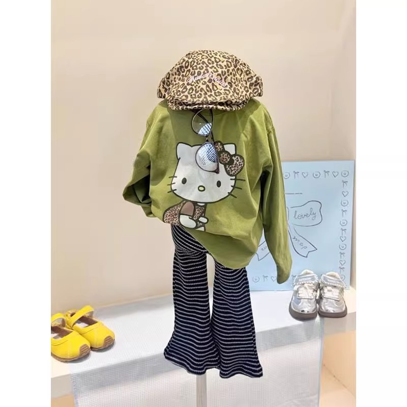 女童秋装KT卡通宽松长袖T恤条纹裤套装女宝洋气卡通卫衣喇叭裤潮