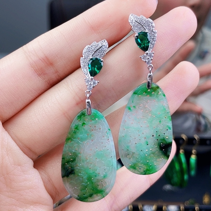 翡翠耳饰银S925镶嵌饰品