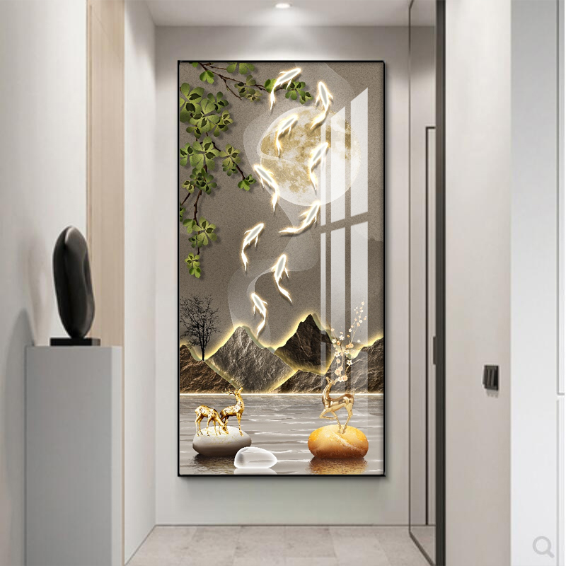 九鱼玄关装饰画LED灯走廊过道客厅挂画入户正对墙轻奢挂画
