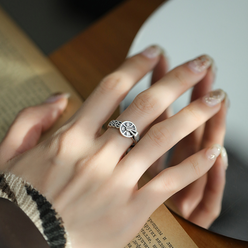 敦煌飞天 足银戒指 J10622复古旋转铜钱戒指个性百搭银饰女