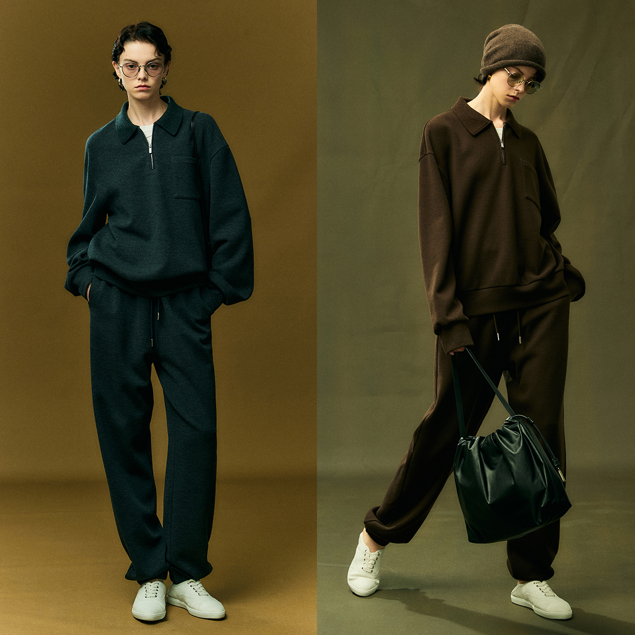 开间/獨家定纺 苣舒适美利奴针织Y毛拉链罗纹翻领卫衣收脚运动裤