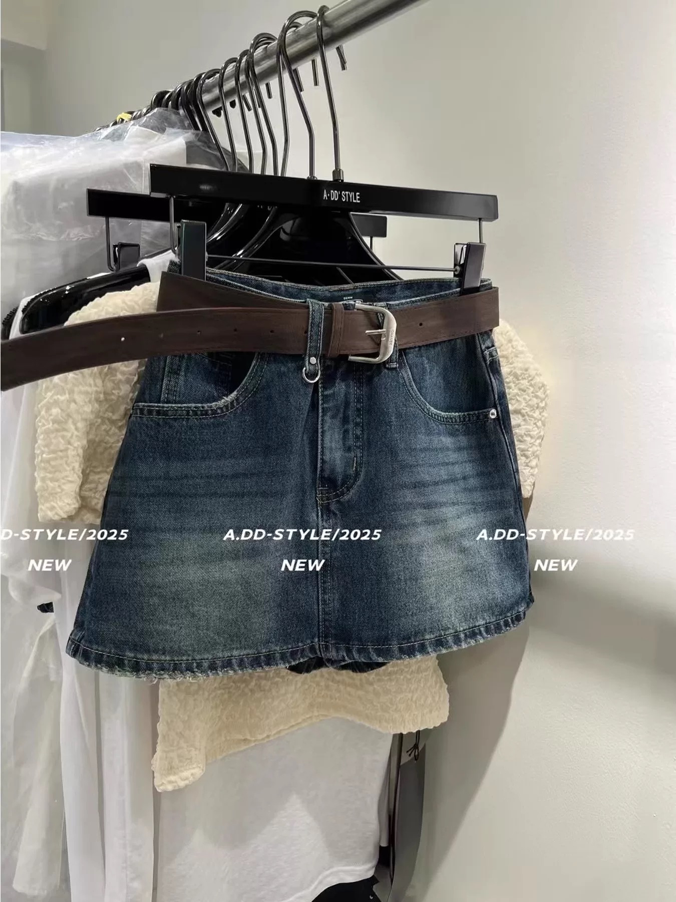 越野兔复古牛仔短裙A字半身裙棕色皮带80057