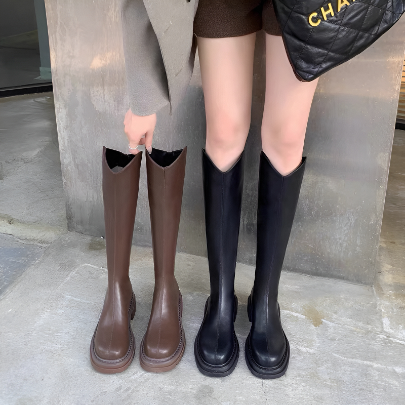 【葡萄妈同款】弹力V口后拉链厚底粗跟中高筒靴女骑士长靴秋冬新款 