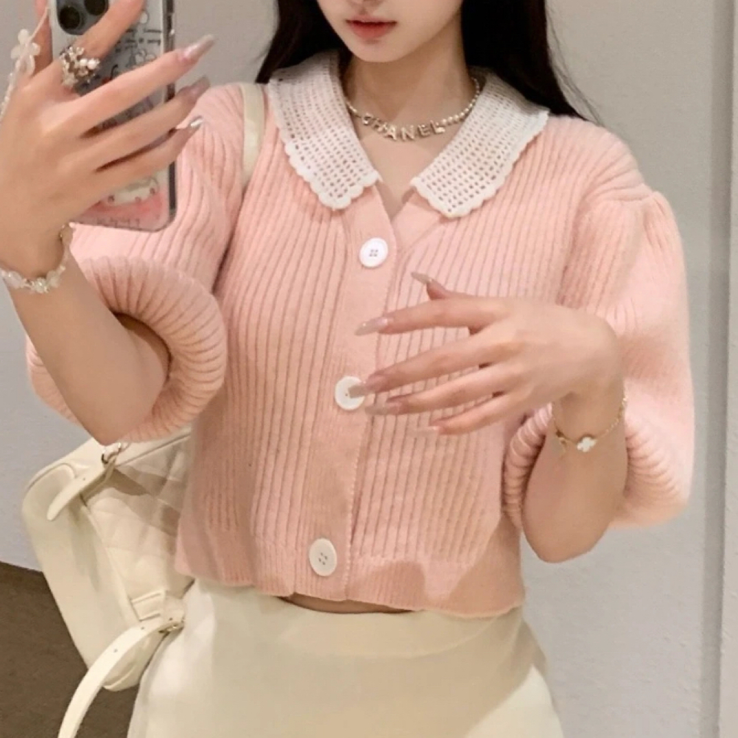 未使用 MIU MIU/缪缪 A100522/粉色翻领针织开衫/36码