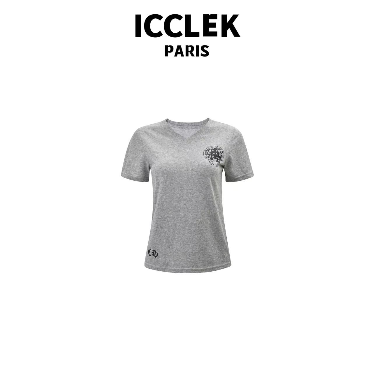 ICCLEK 灰色V领印花百搭休闲圆领短 T恤 -5308