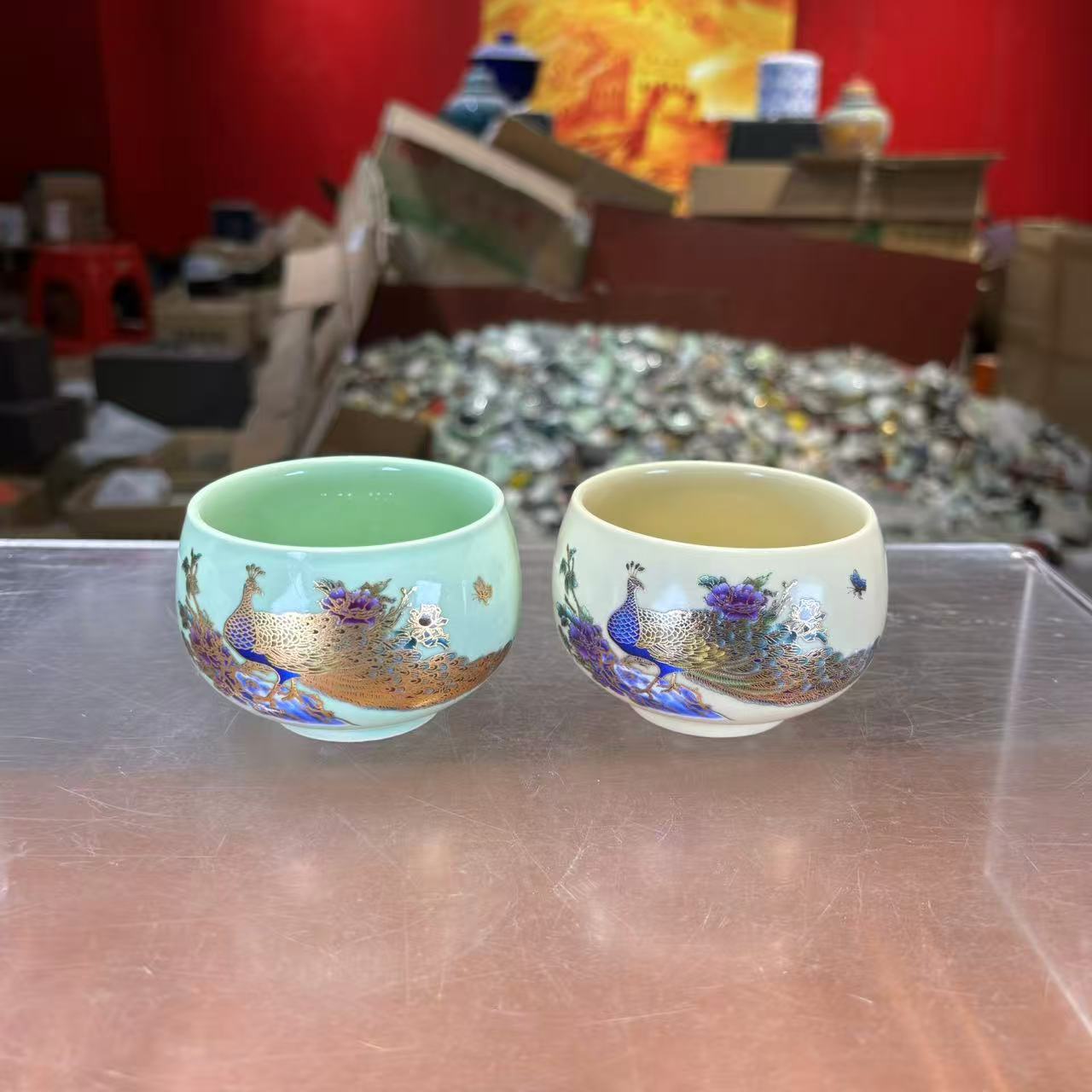 秋香茶具 变色孔雀杯青色+黄色（两个装）主人杯茶杯品茗杯-3182