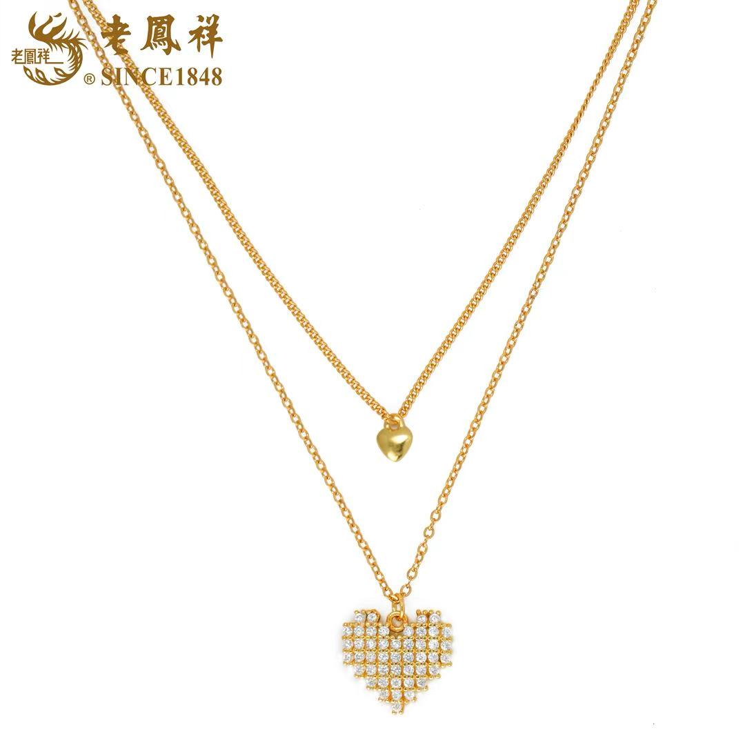 坠链均925银合成锆石 【老鳳祥】爱心像素项链新款爆款NL20321G