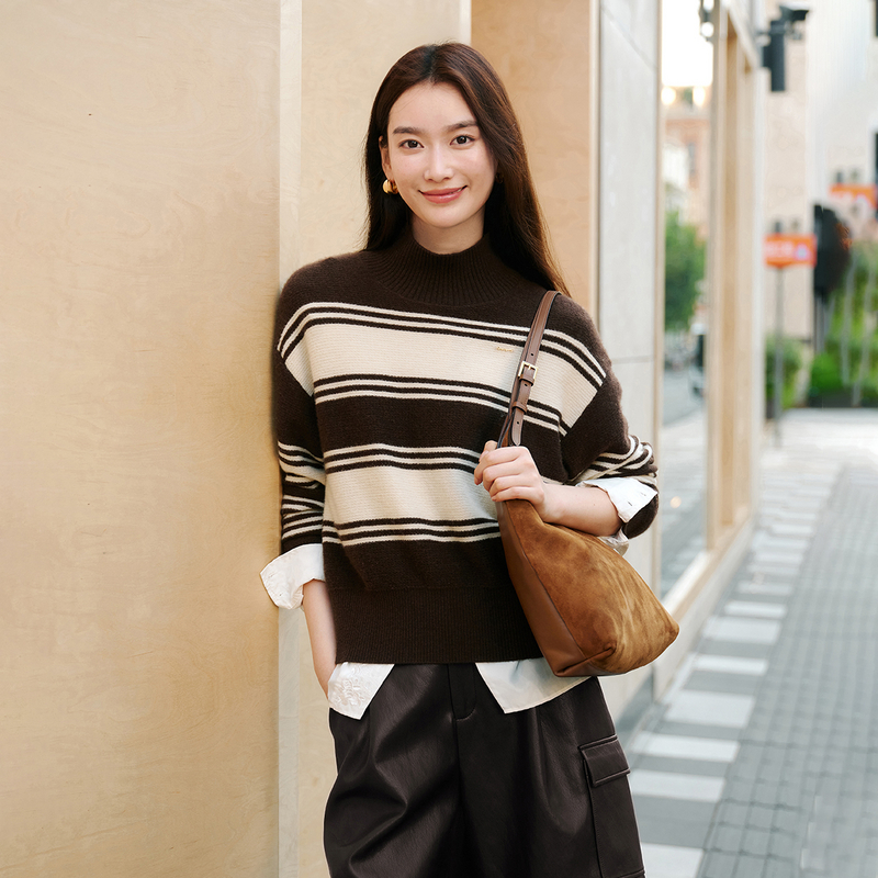 EP雅莹秋装新款 羊毛牦牛绒高领条纹宽松针织衫毛衣女9515A
