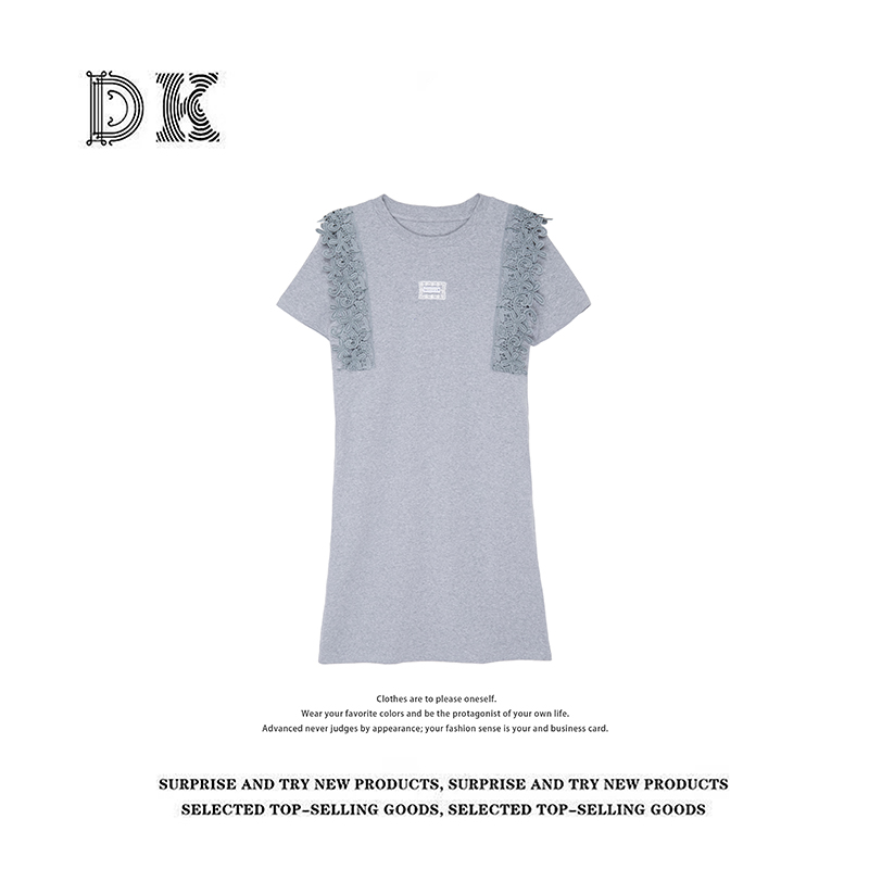 DK 2025夏季女装 时尚设计感蕾丝拼接气质显瘦短袖连衣裙 19715