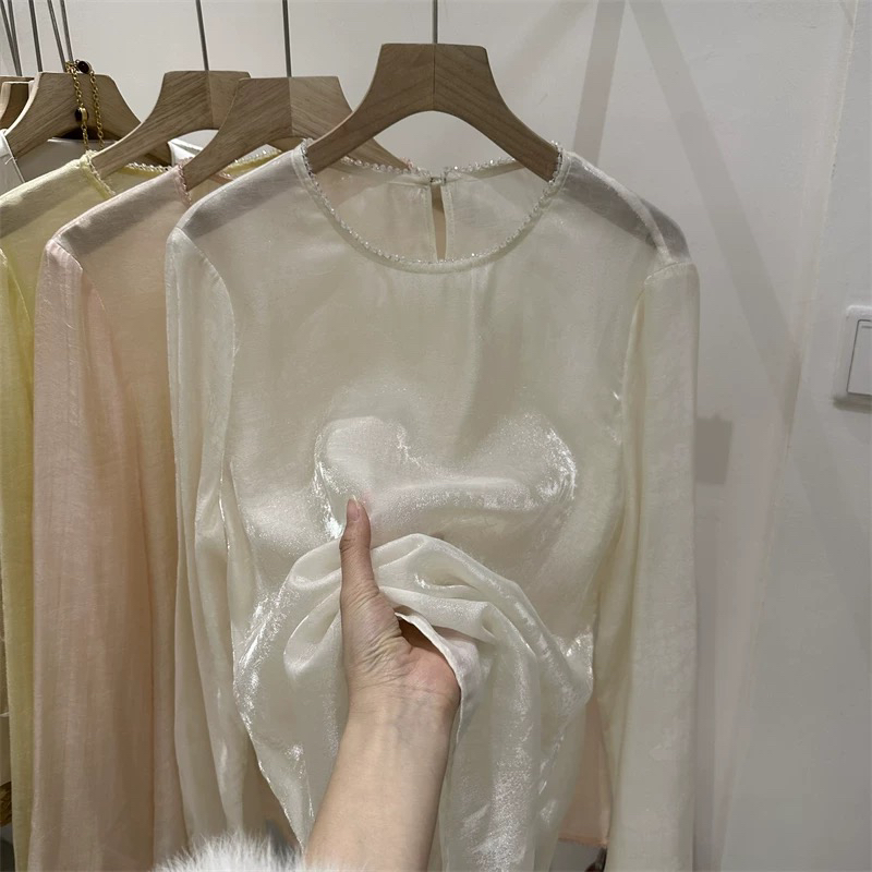 【海南简爱】轻纱钉珠上衣2025春夏新款设计感长袖衬衣罩衫 9989