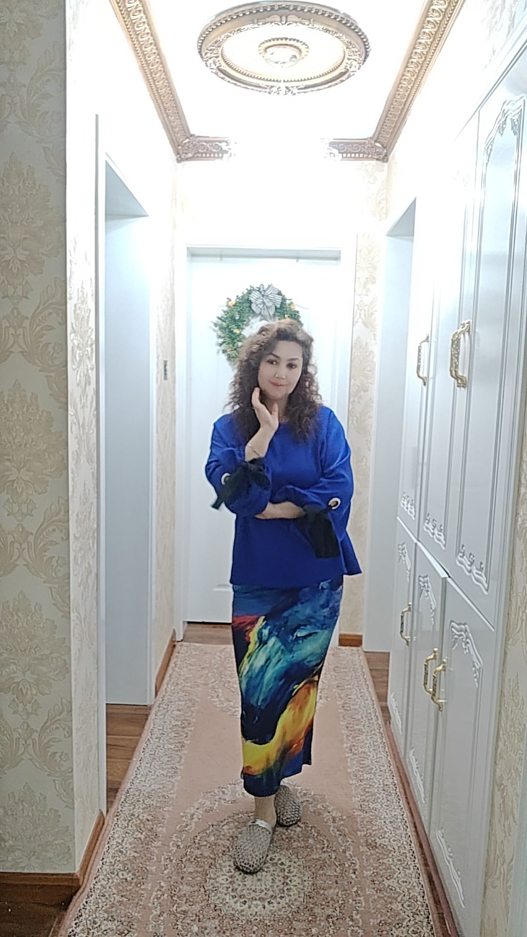 莫奈梵高艺术印花直筒中长款气质半身裙蓝色