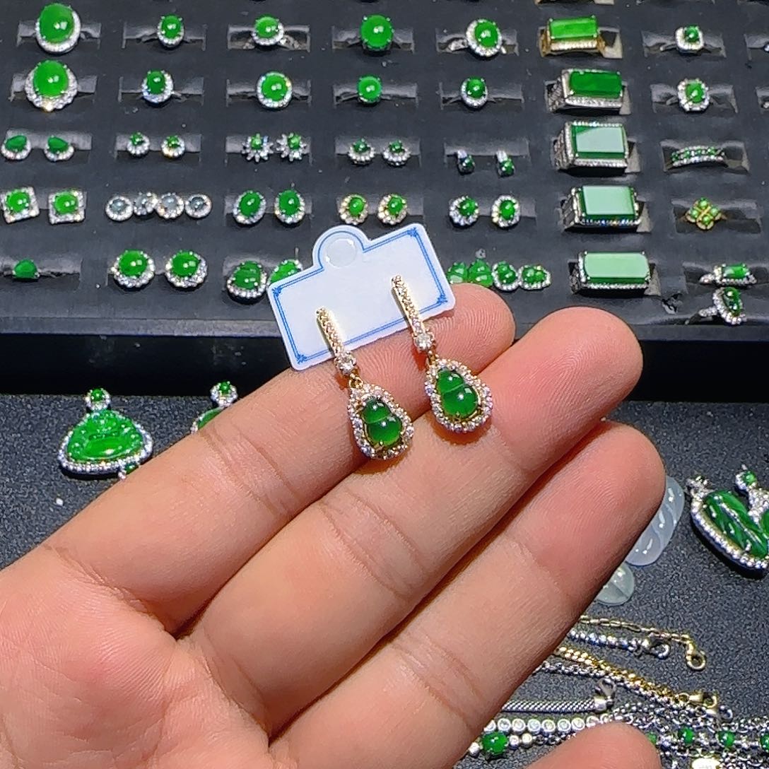 翡翠银S925镀金镶嵌耳饰