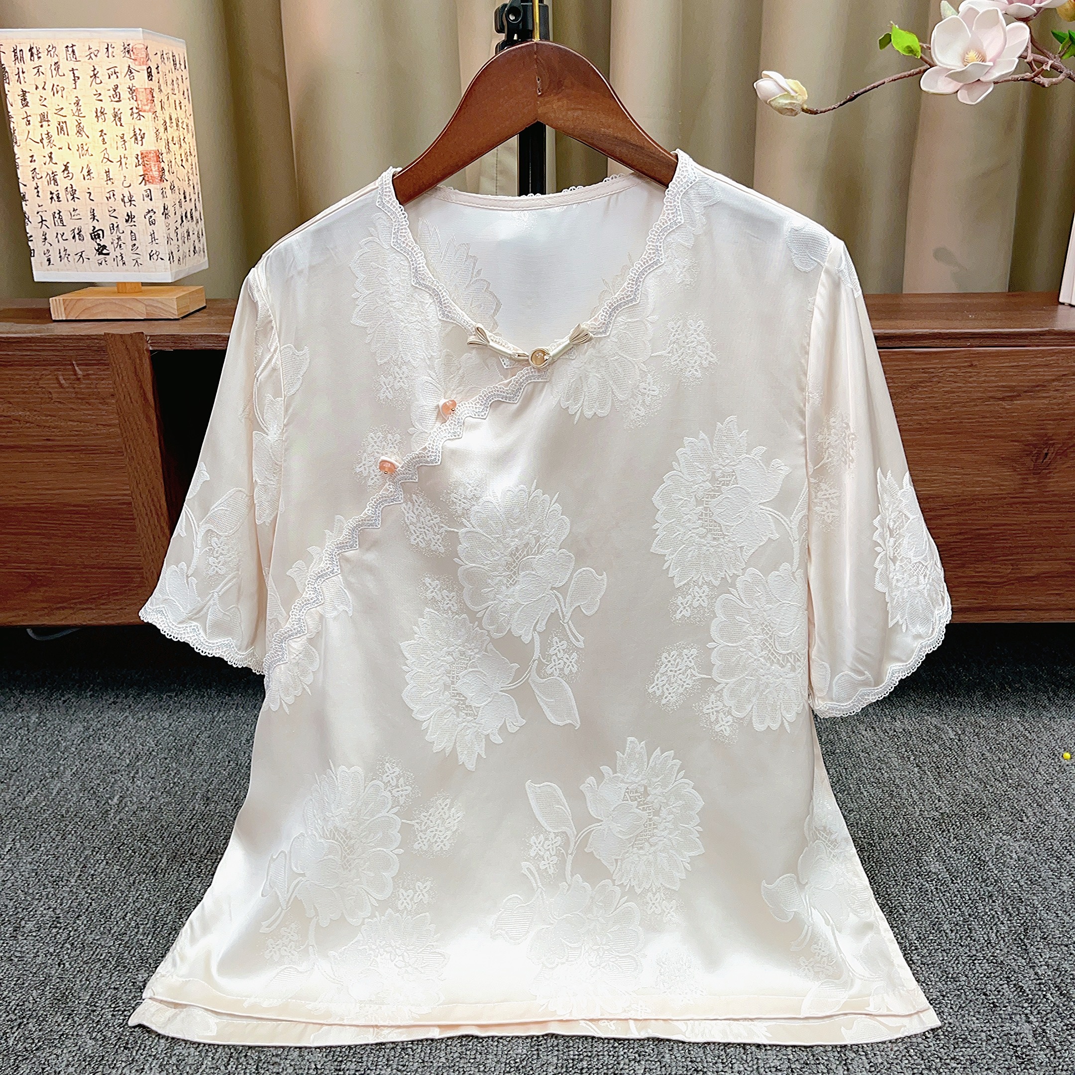 『绮梦』新中式国风粉色萝孔T恤2025新款高级感温柔风宽松短袖