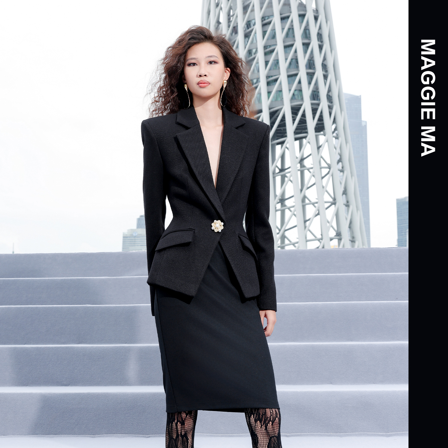 MAGGIE MA马婧「黑韵珠裁」设计师款正肩收腰显瘦套装583C/646B