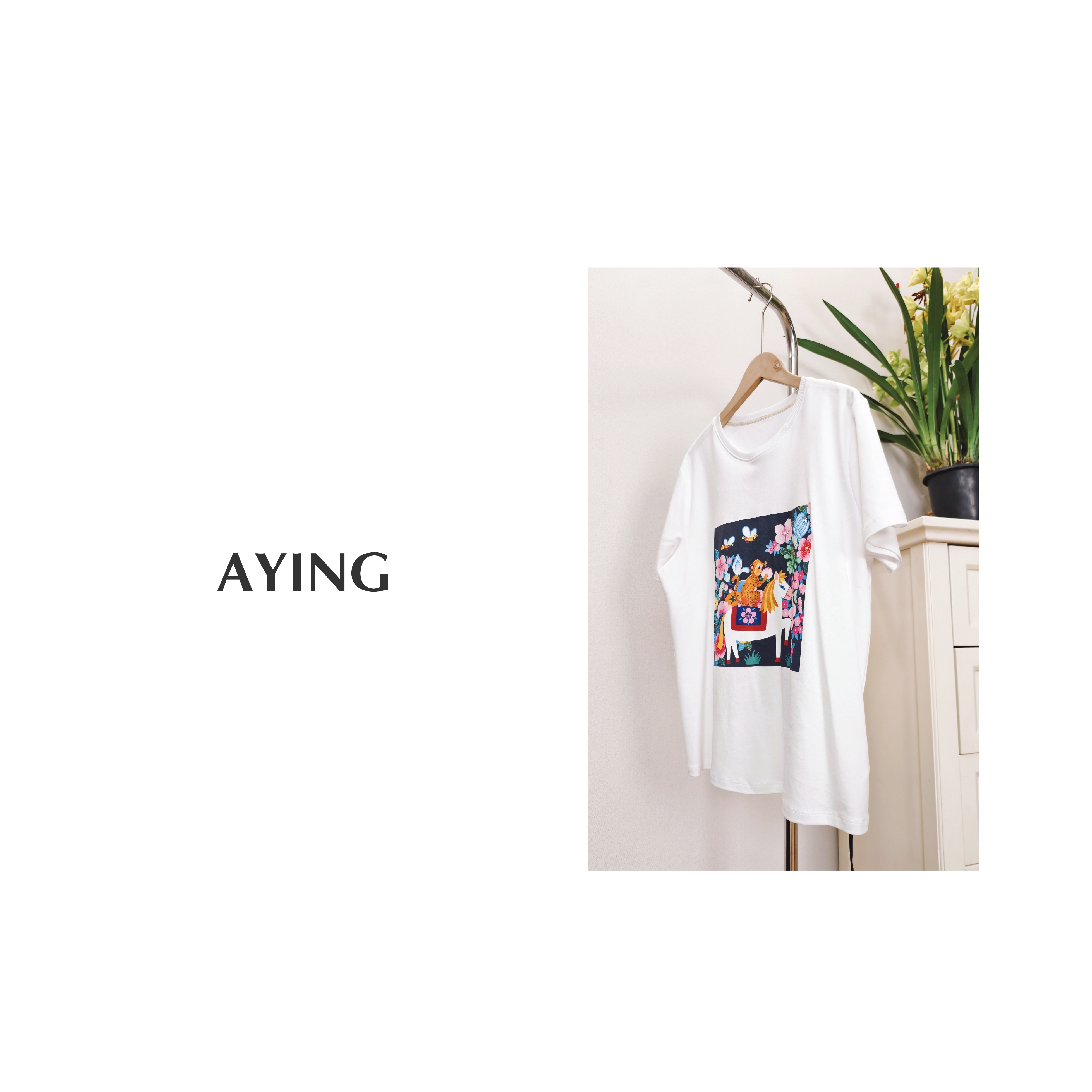 AYING   女士春季    细腻匹马棉筋骨感印花短袖T恤