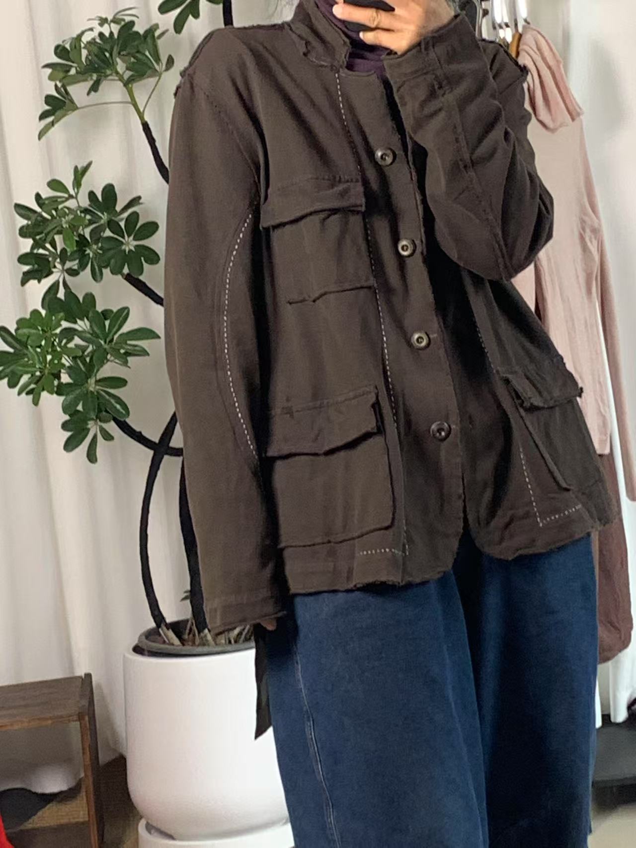 植物染泥染布衣肌理针织新疆棉外套上衣女外套休闲复古宽松百搭