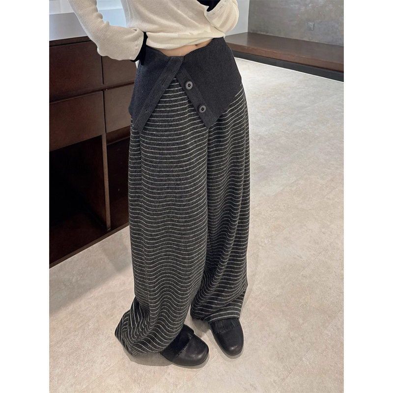 时髦感腰封开叉休闲长裤女2025秋冬季新款拼接细条纹磨毛直筒裤子