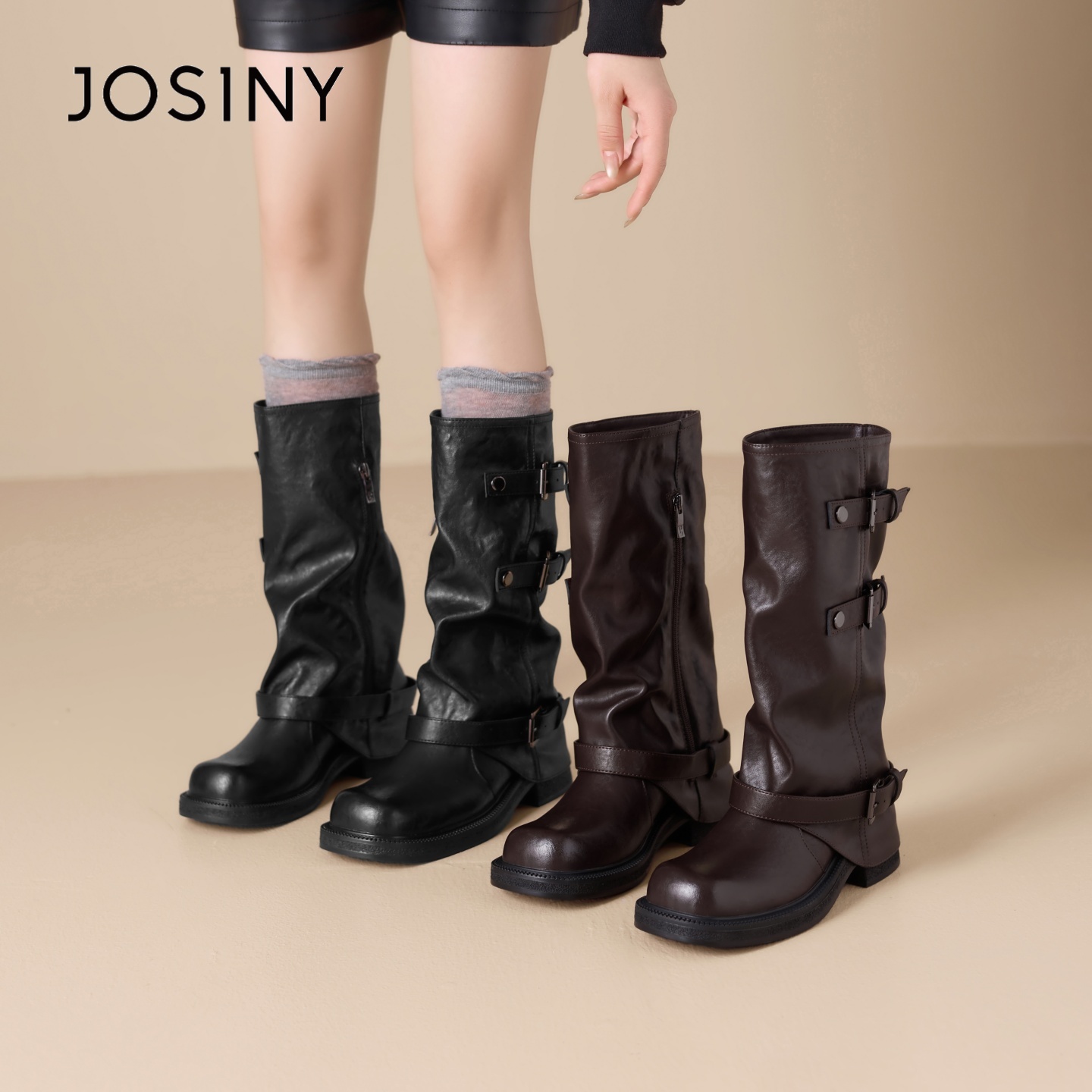 卓诗尼复古厚底裤管靴女2025秋冬新款粗跟长筒靴褶皱骑士牛仔长靴