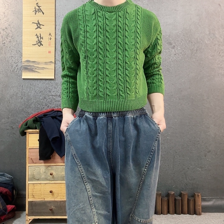 绿色毛衣棉线女针织衫