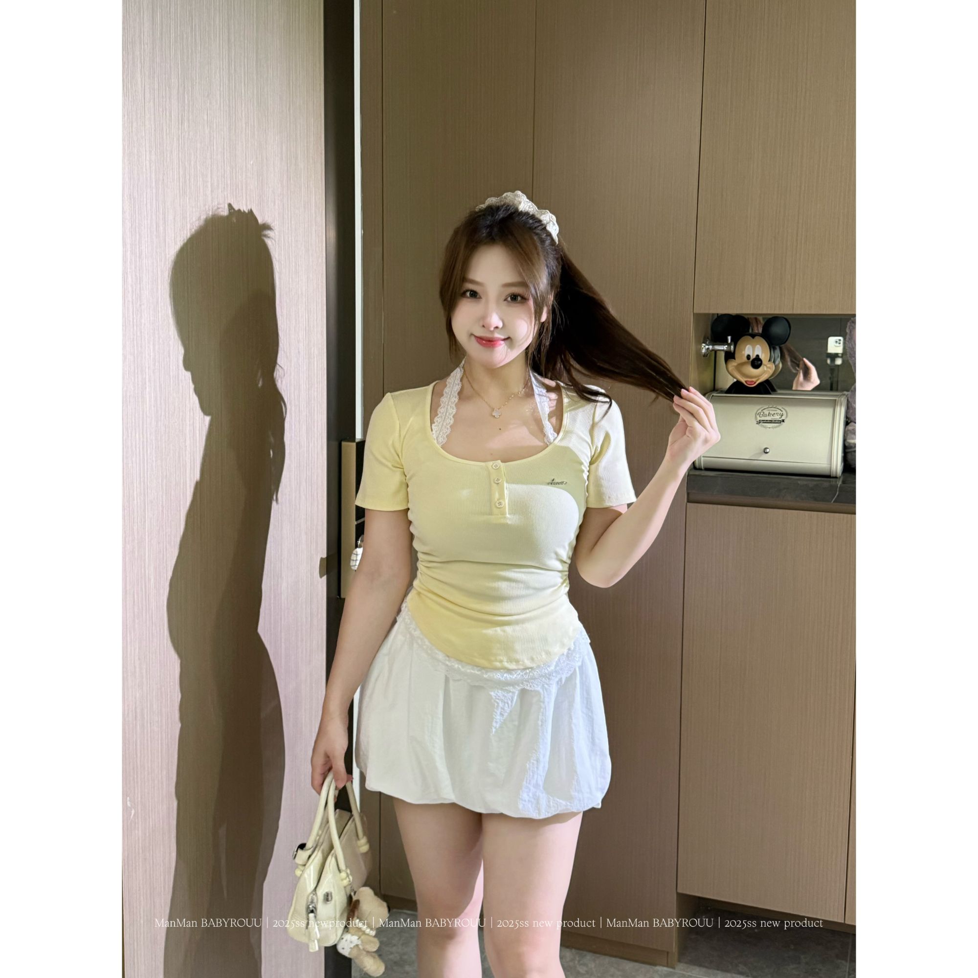 温与柔蔓蔓【现货】【雾屿甜梦】新款法式蕾丝花边假两件短袖T恤套装