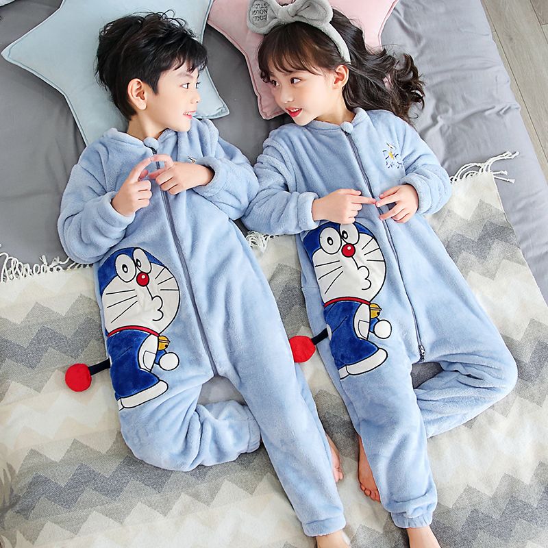 儿童连体睡衣秋冬季防着凉宝宝分腿睡袋加厚珊瑚绒男女大童连体衣