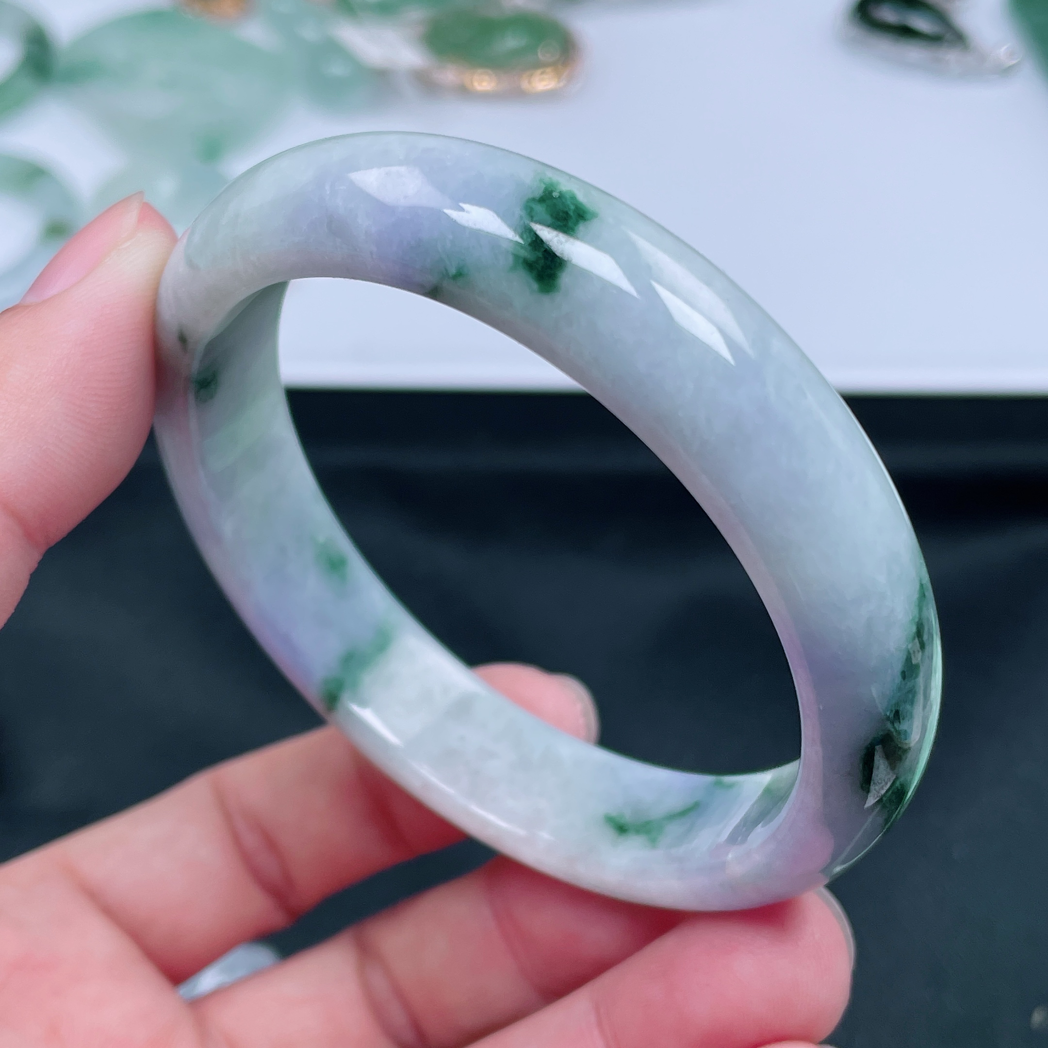 T042缅甸天然翡翠A货57圈口手镯女款时尚飘绿妖紫姐姐女生款气质