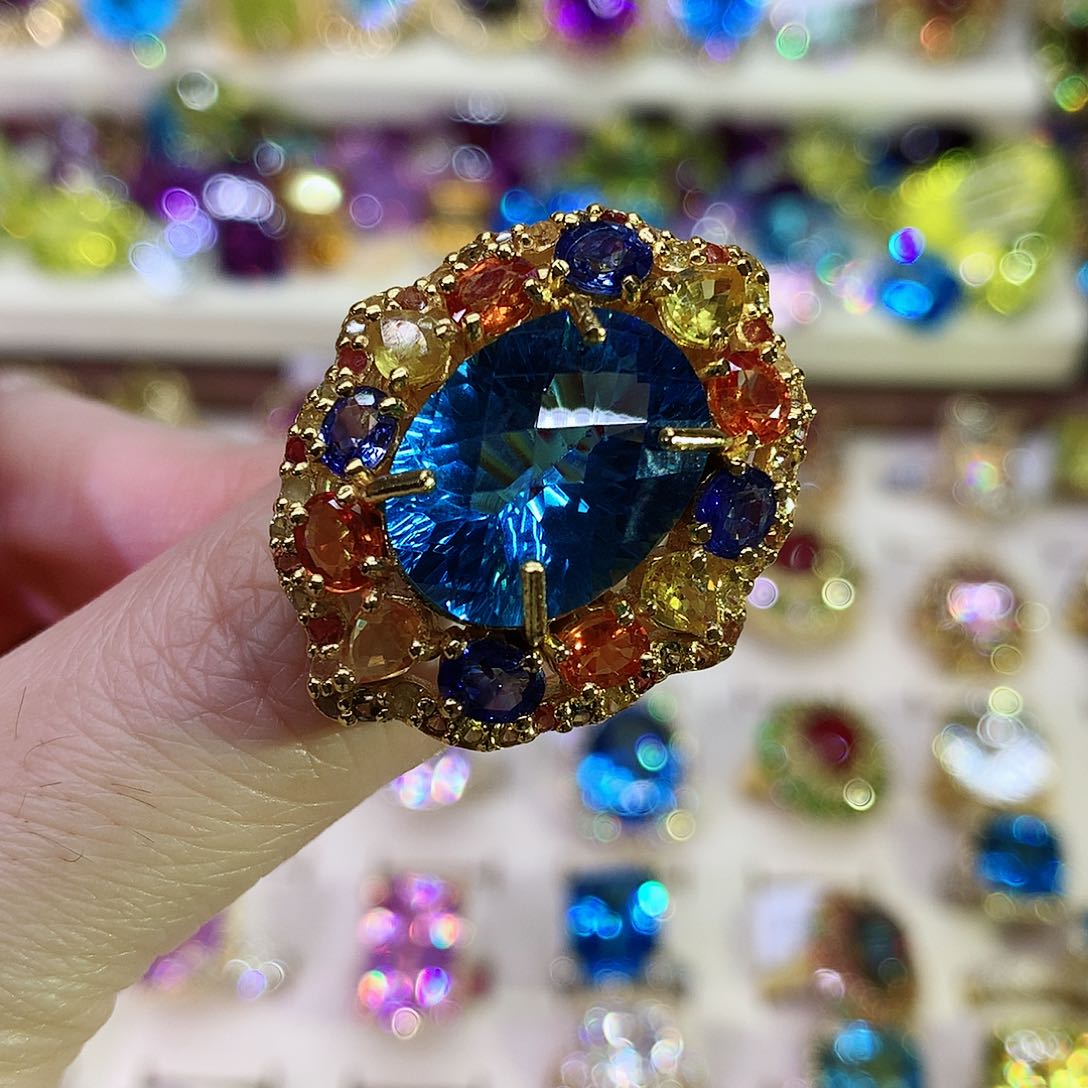 托帕石戒指银S925镀金镶嵌