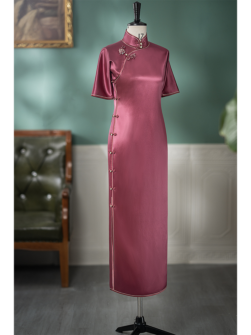 胭脂海棠古法平裁修身60姆米重缎皮子香云纱高端手工旗袍