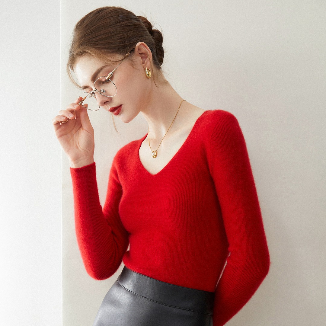 气质吸睛~100纯山羊绒衫女韩系修身显瘦V领毛针织打底衫内搭上衣