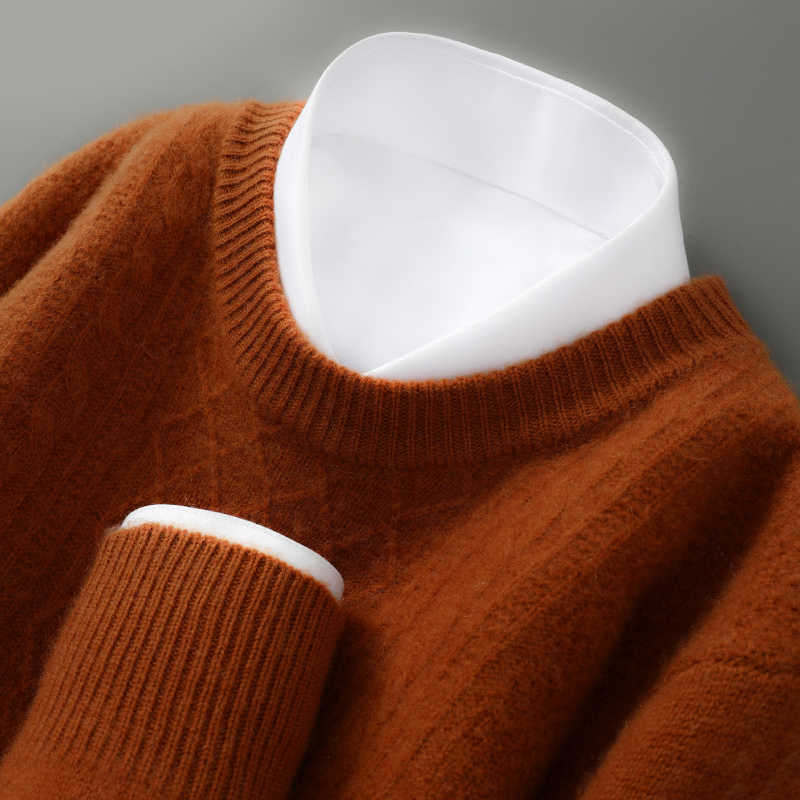 【支持质检】100%纯羊毛七针秋冬厚款男士圆领套头保暖毛衣胸前花型