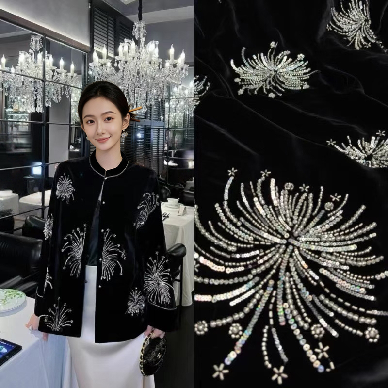 高端丝绒珠管刺绣面料【璀璨烟花—黑色】