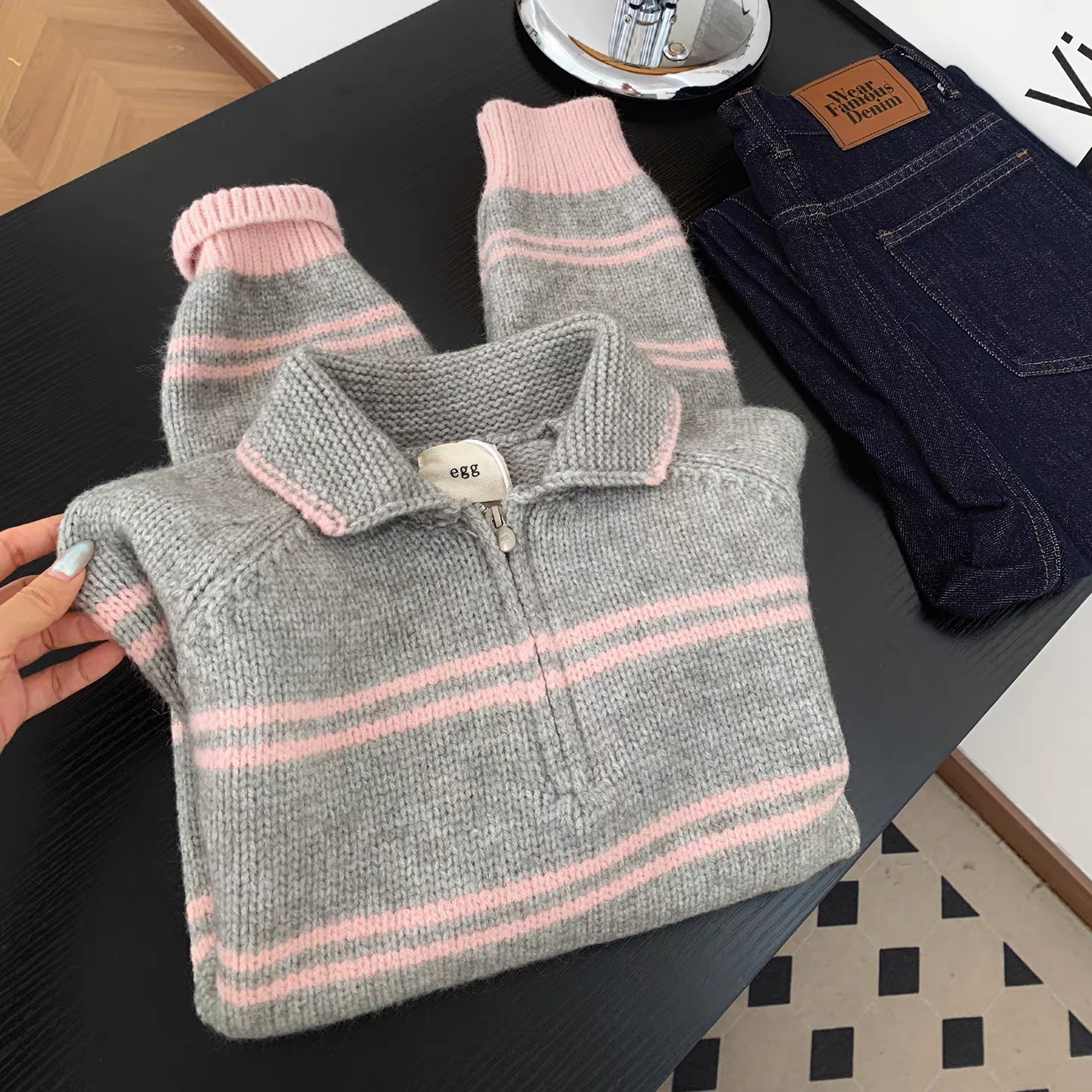 egg加厚6根纱线韩系厚款半拉链设计POLO领粉色条纹女秋冬款毛衣