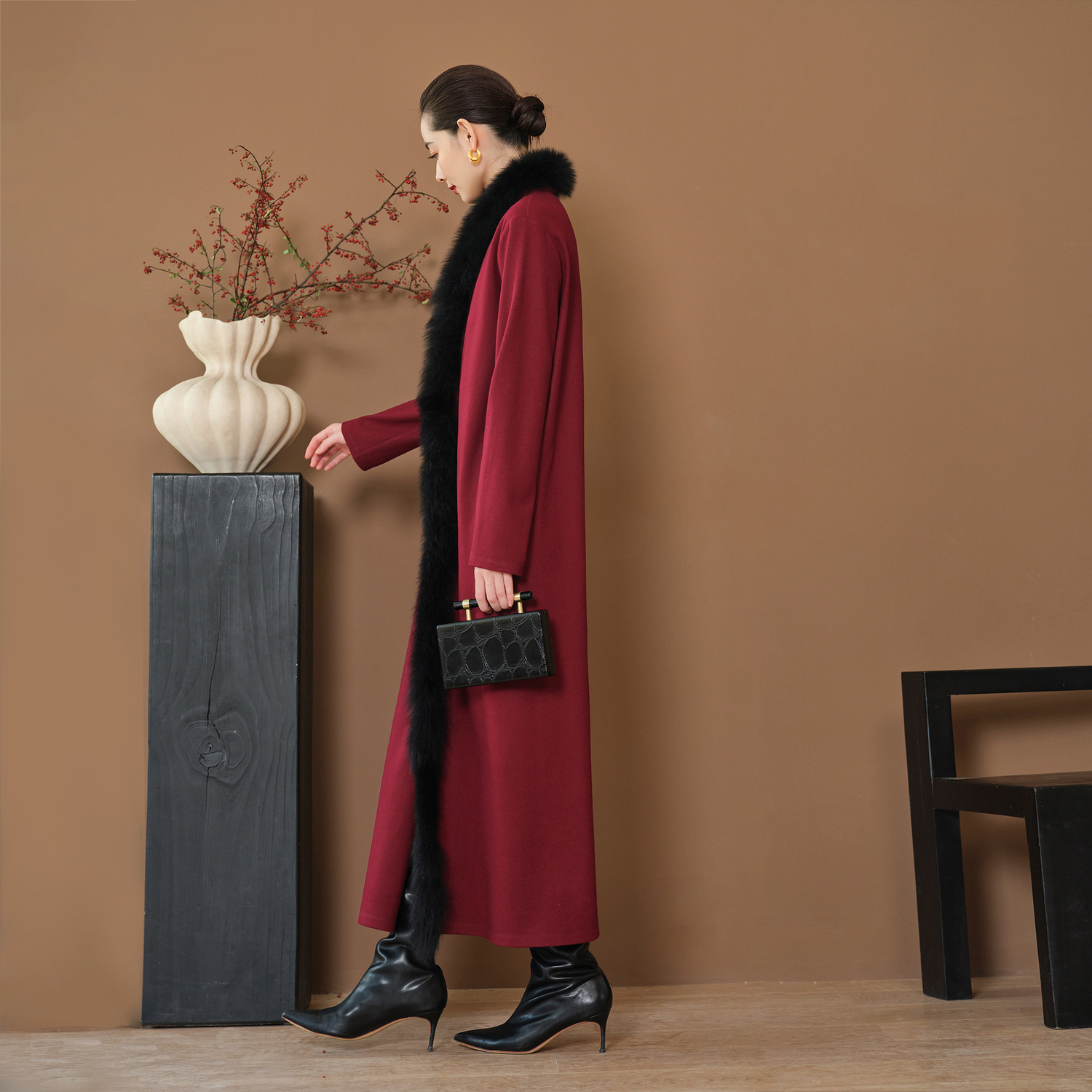 【新年系列】TU女装 针织羊毛拼接狐狸毛长袖连衣裙中长款长裙子