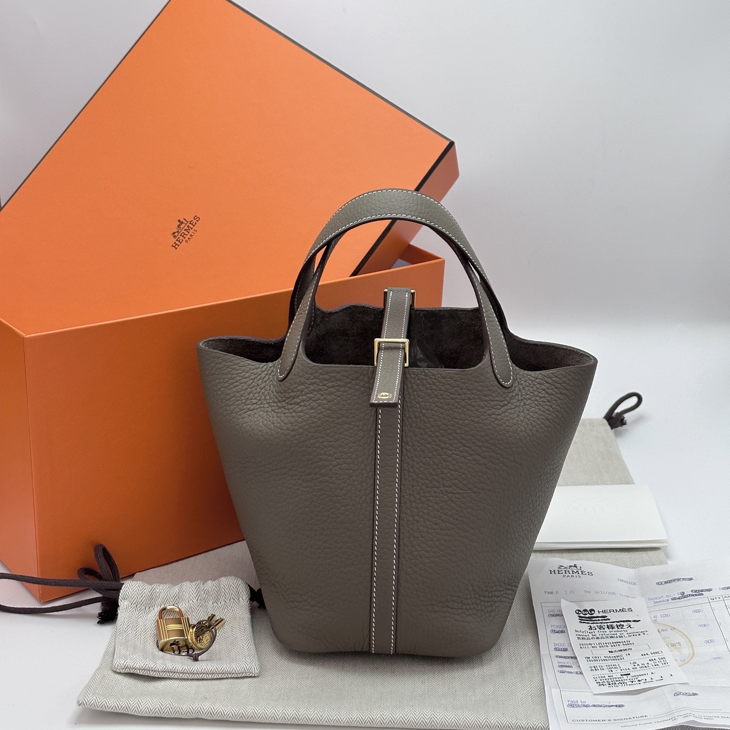 99新 Hermes/爱马仕 大象灰金扣菜篮子18手提袋 二手 73801
