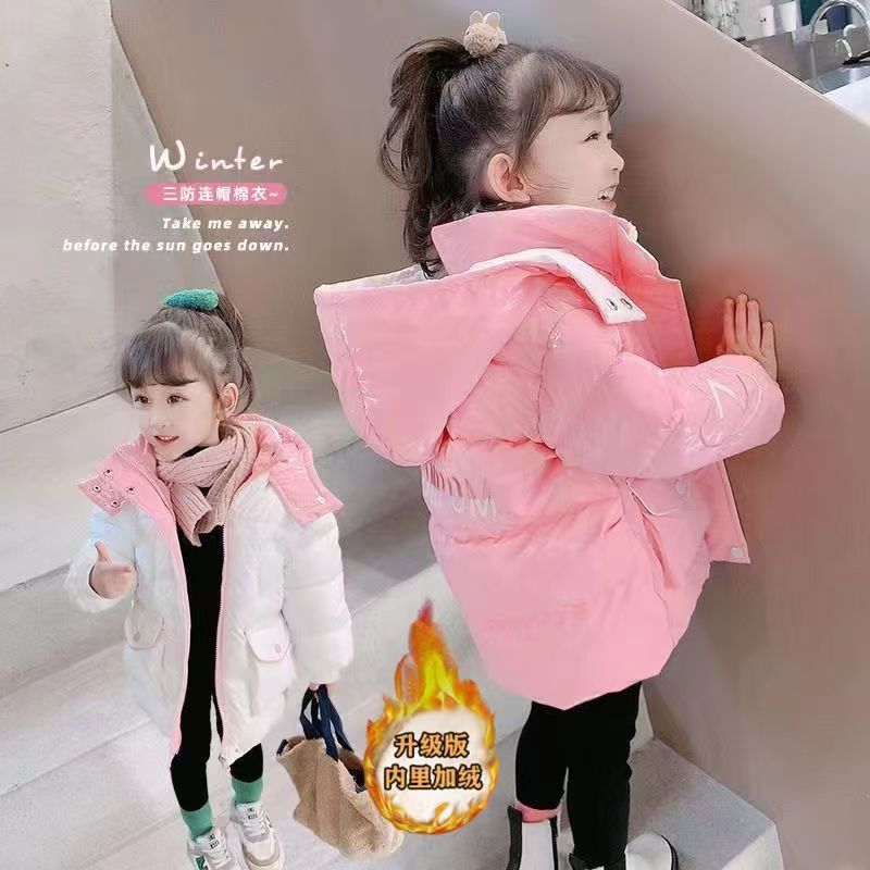 【免洗亮面加绒棉服】女童连帽棉服冬季加绒加厚棉衣洋气棉袄外套