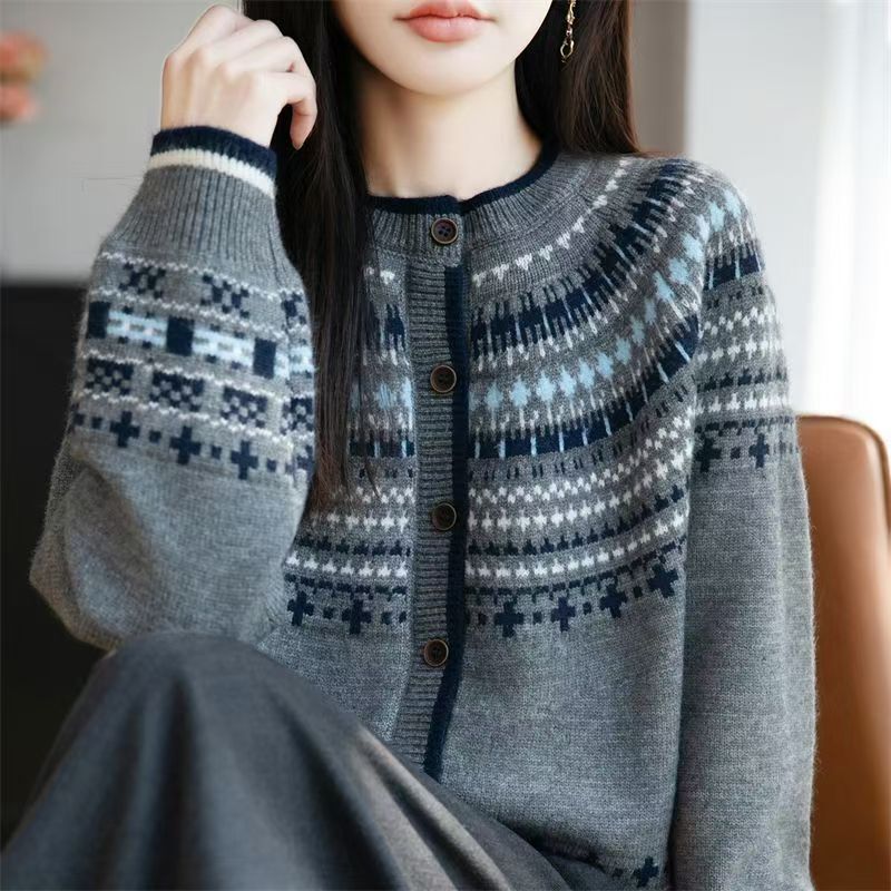 【韩系风】复古提花针织圆领软糯超细针织厚款慵懒宽松上衣615