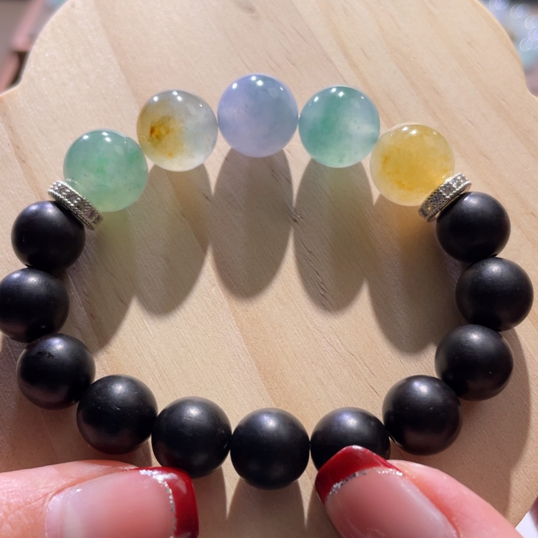 翡翠散珠天然缅a五彩珠半串