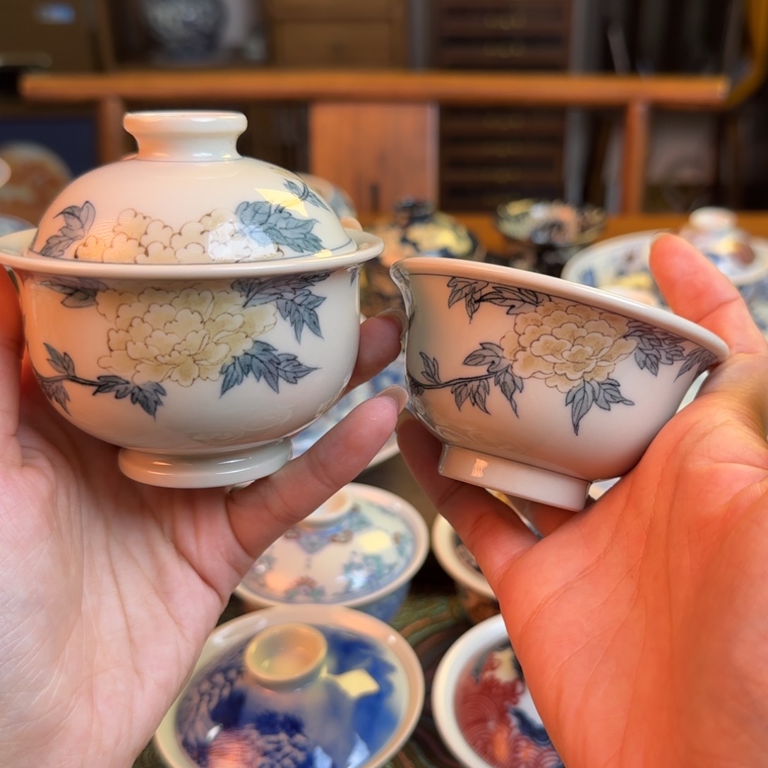 重工釉里金花卉牡丹两件套纯手绘