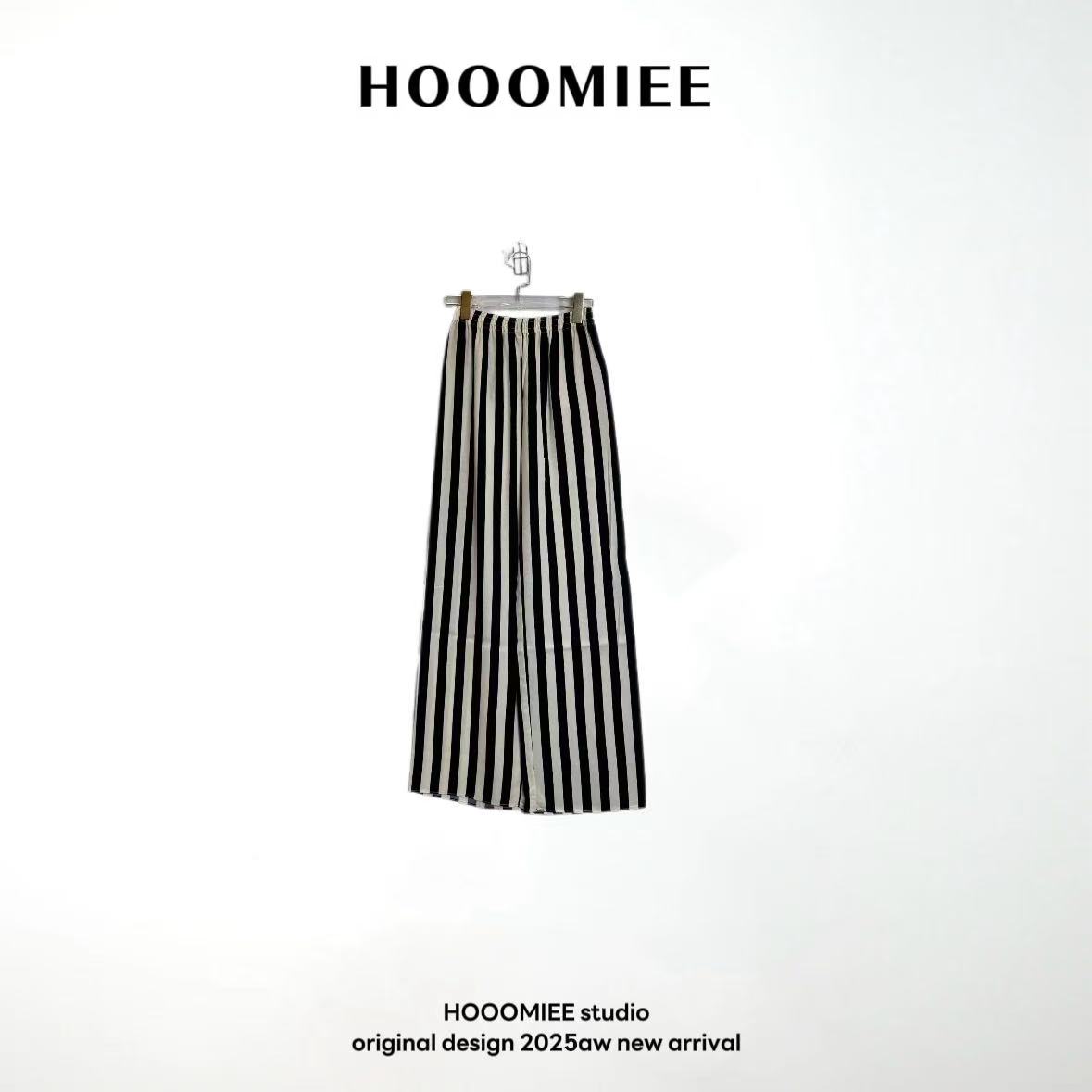 Hooomiee米黑条纹设计款松紧腰高腰显瘦直筒长裤女220020