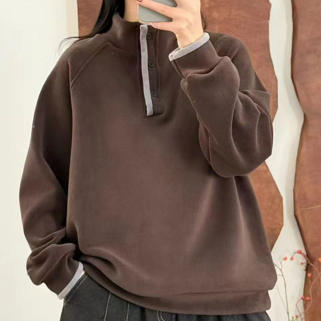 半开领加绒加厚欧货高端运动卫衣女冬季长袖打底衫