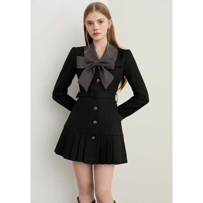 【木子】【有里布】【送腰带】黑色连衣裙蝴蝶结收腰短款裙子短裙LJ0104