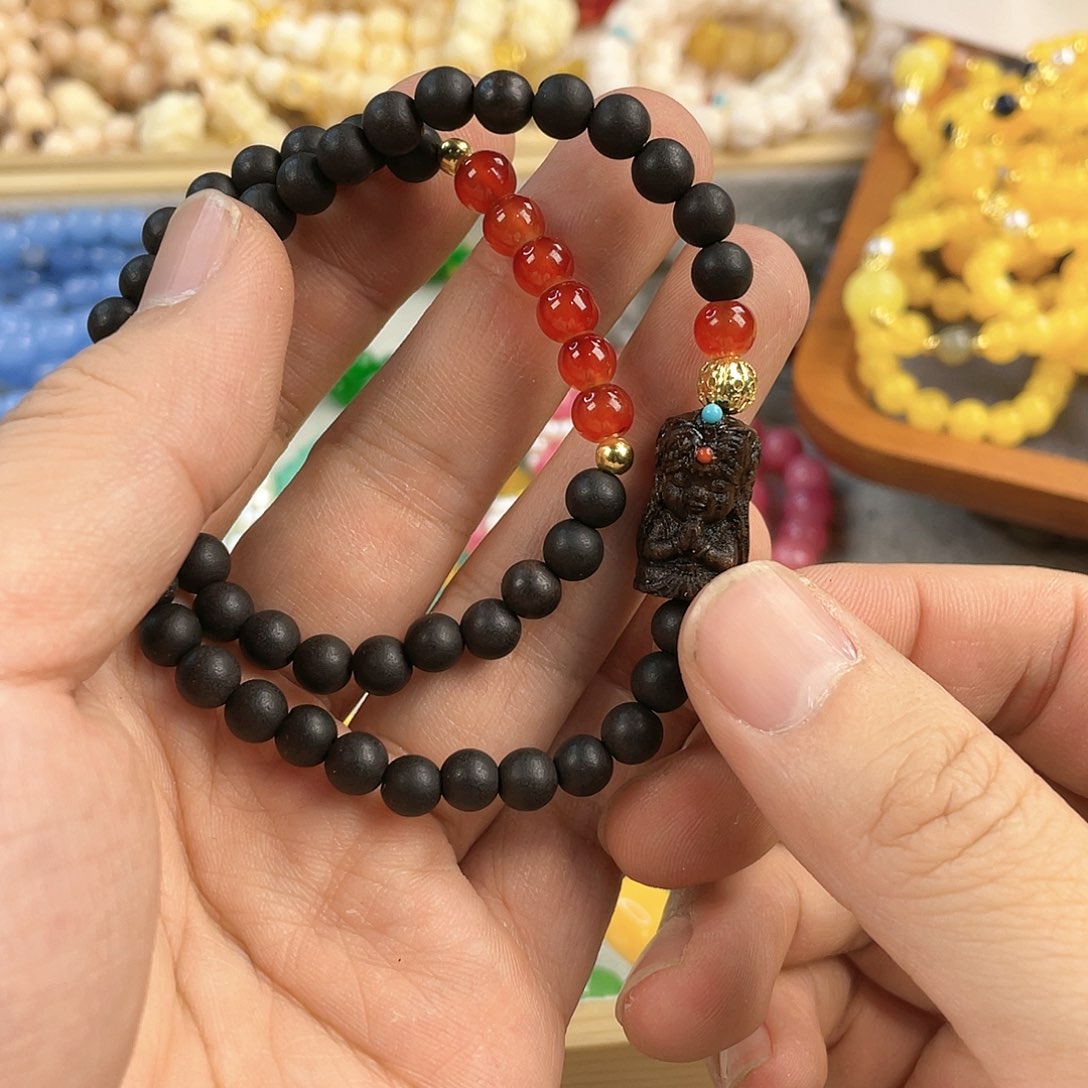 檀香木手串银S925镀金镶嵌