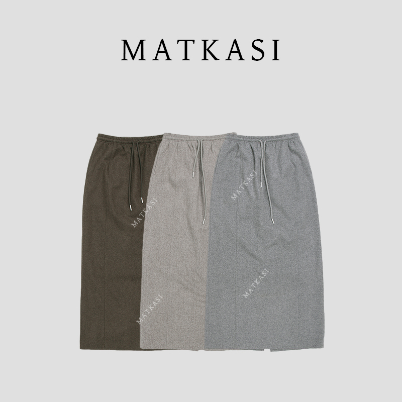 MATKASI 时尚设计师小众简约日常通勤羊毛抽绳半裙