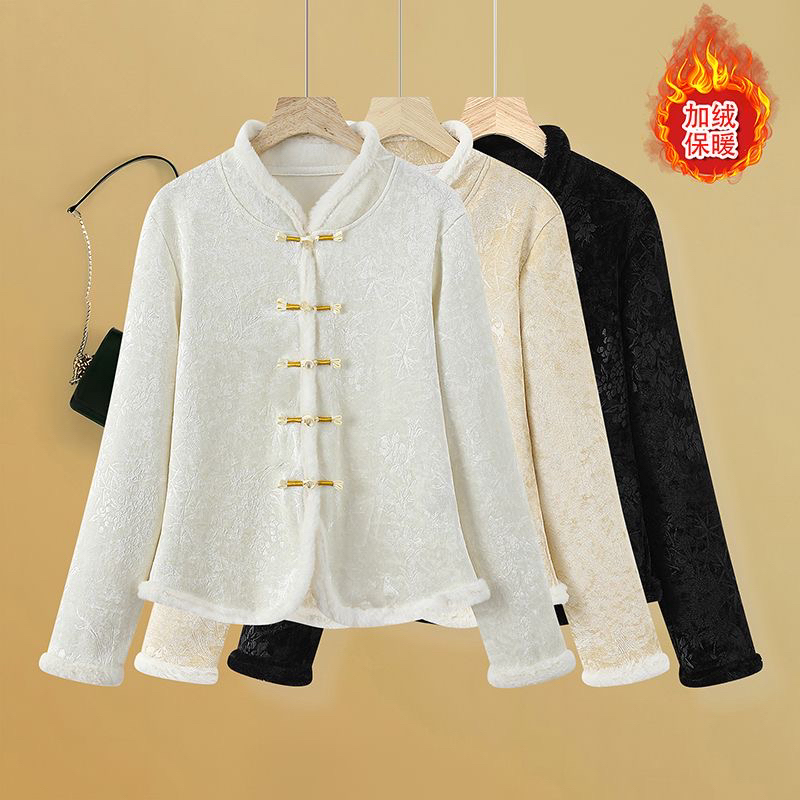 新中式复古加绒立领盘扣提花拼接毛边袖口百搭气质保暖国风衬衫女