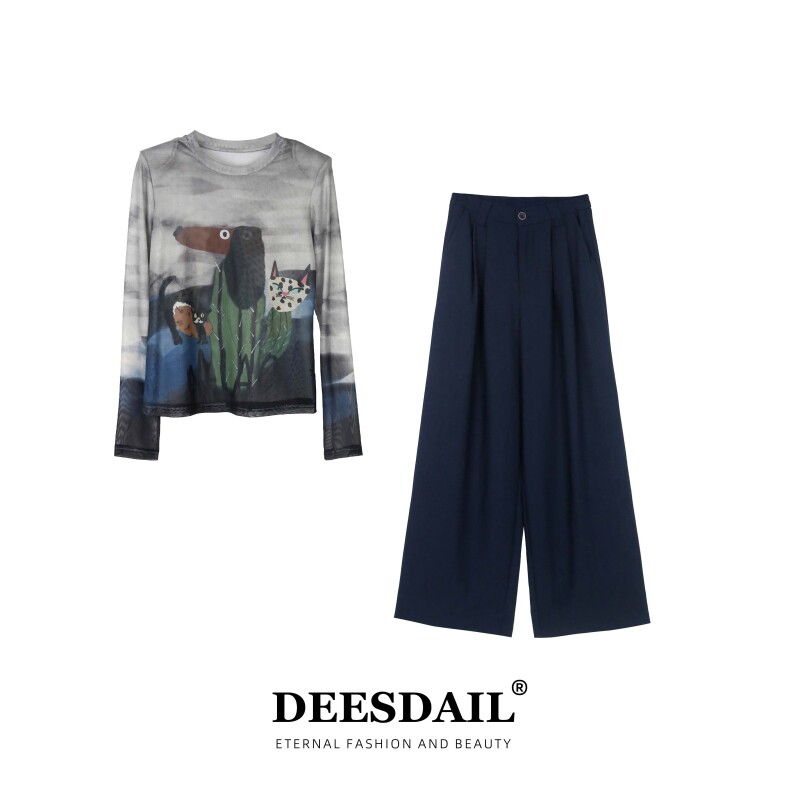 DEESDAIL设计师卡通圆领长袖防晒上衣百搭显瘦休闲裤女套装Y010