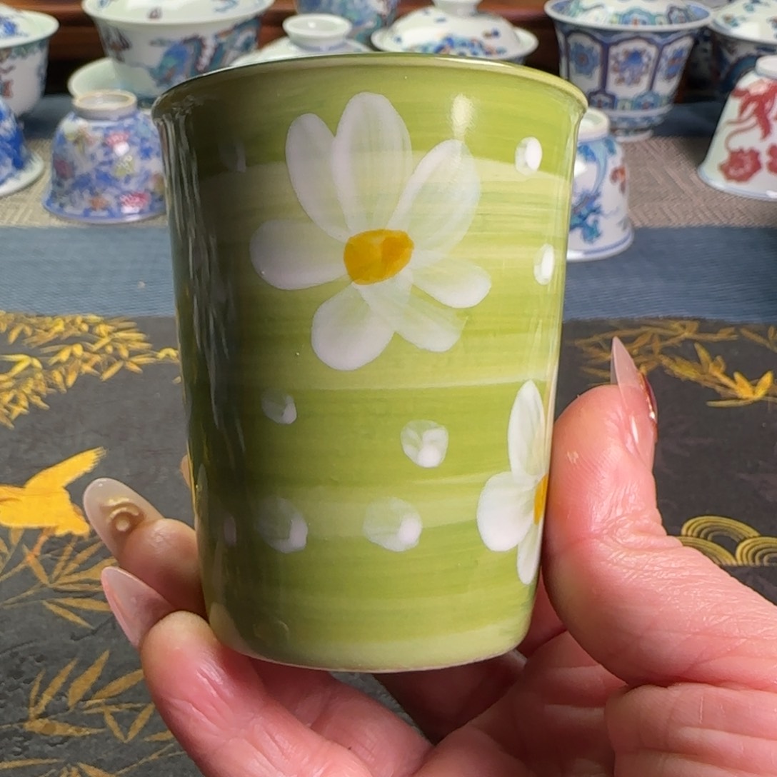 瓷片绿色小花可乐杯