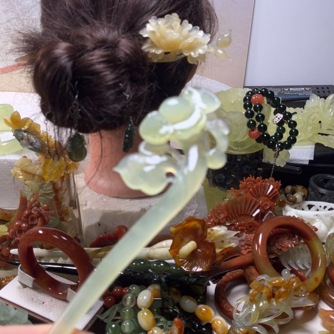 【闪购商品】蛇纹石玉发饰合金